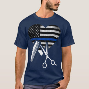 美容師アメリカ国旗のハート薄い青い線 Tシャツ