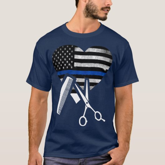 美容師アメリカ国旗のハート薄い青い線 Tシャツ (正面)