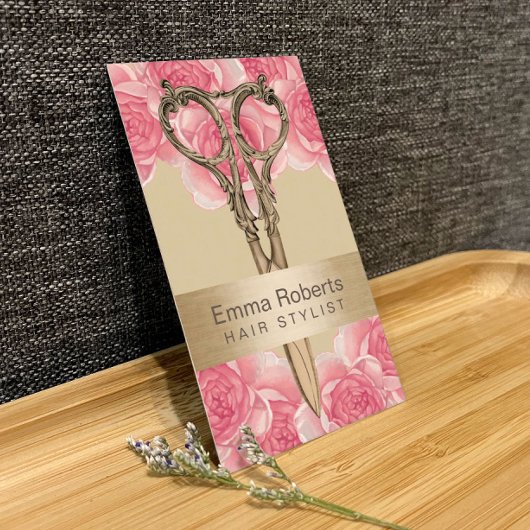 美容師アンティークシザークリーム&ピンクフローラ 名刺