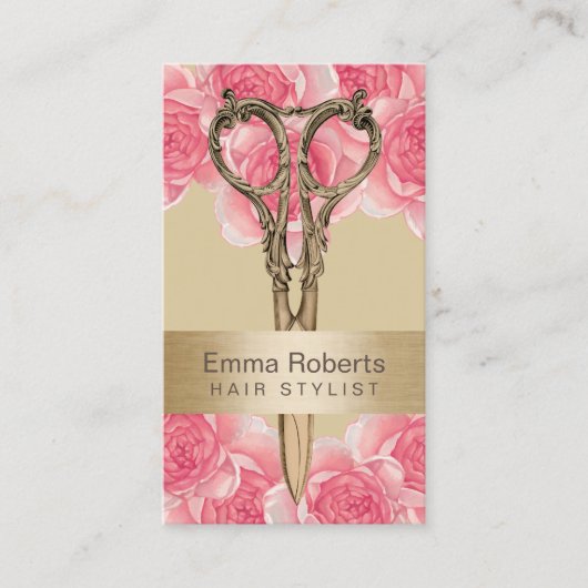 美容師アンティークシザークリーム&ピンクフローラ 名刺 (正面)