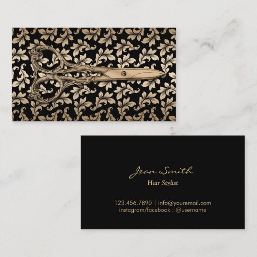 美容師アンティークシザーブラック&金ゴールドダマスク 名刺 (正面/裏面)