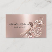美容師エレガントバラ金ゴールドシザー&フラワー 名刺 (正面)
