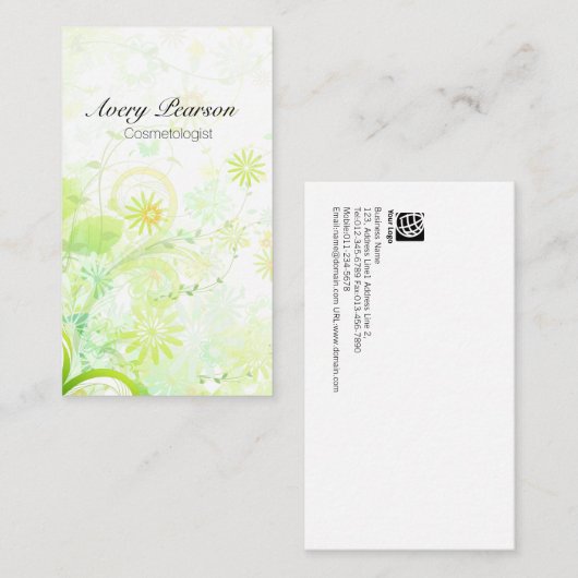 美容師エレガントパステルグリーンフラワーズスワーズ 名刺 (正面/裏面)