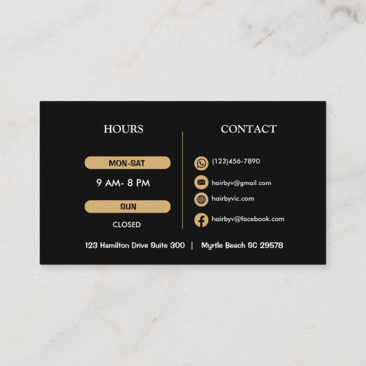 美容師エレガントブラック&金ゴールド美しいサロン 名刺 (裏面)