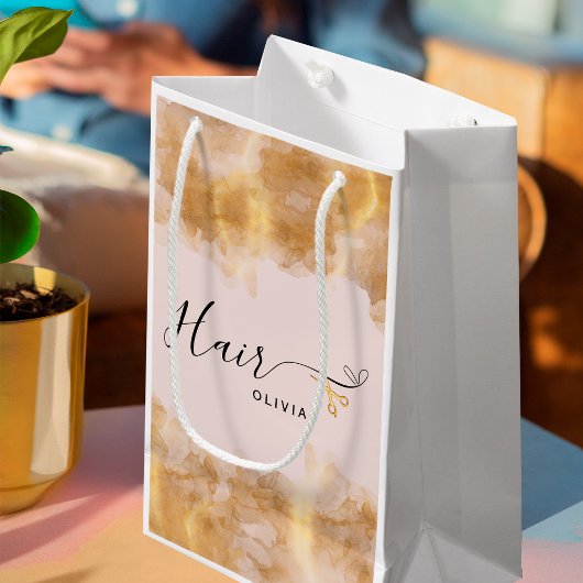 美容師エレガント金ゴールドはさみ美容師ピンク スモールペーパーバッグ