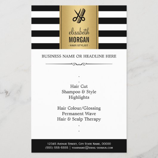 美容師エレガント金ゴールドストライプ白黒 チラシ (正面)