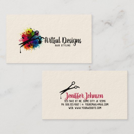 美容師カラフル絵を描(ばちゃばちゃ)跳ねるミニマル 名刺 (正面/裏面)