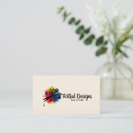 美容師カラフル絵を描（ばちゃばちゃ）跳ねるミニマル 名刺 (スタンド正面)