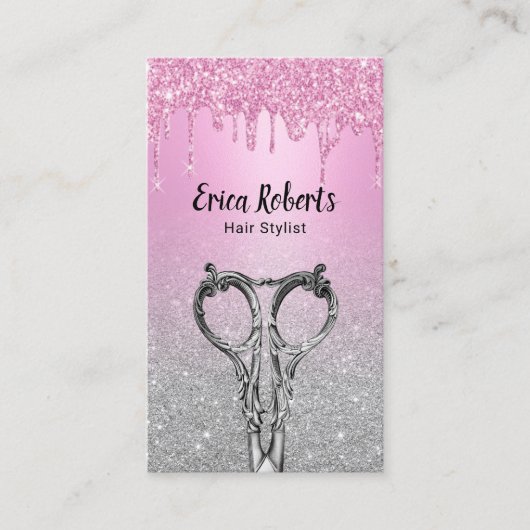 美容師ガーリーピンクドリップスシルバーグリッターサロン 名刺 (正面)