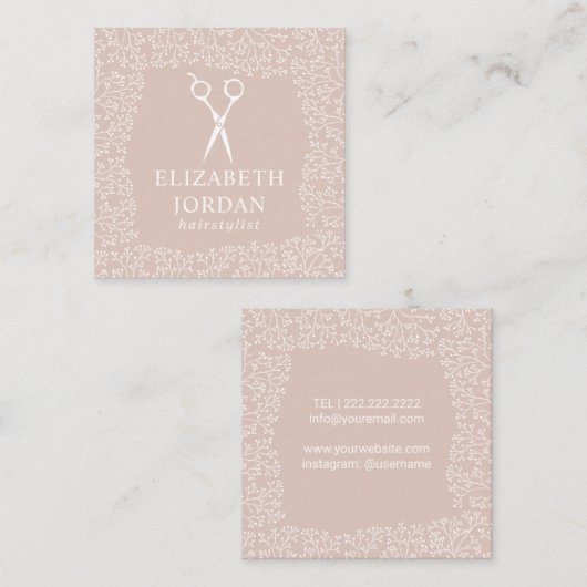 美容師キュート素朴フローラフレーム赤面ピンク スクエア名刺 (正面/裏面)