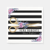 美容師グリッターシザーフローラ ストライプの スタンダードカクテルナプキン (正面)