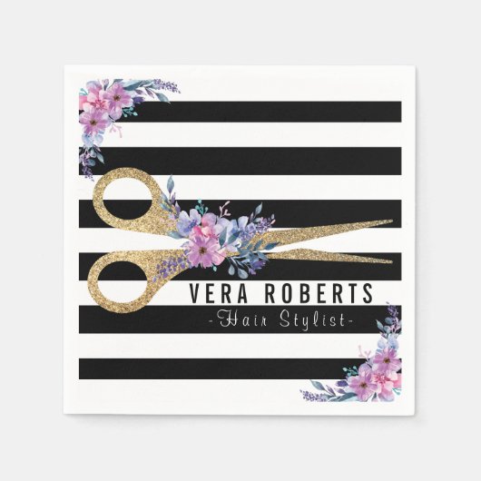 美容師グリッターシザーフローラ ストライプの スタンダードカクテルナプキン (正面)