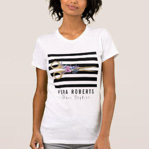美容師グリッターシザー美しいストライプのフローラ Tシャツ