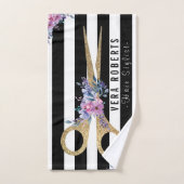 美容師グリッターシザー美しいストライプフローラ バスタオルセット (ハンドタオル)