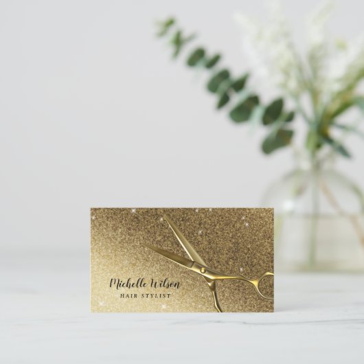 美容師ゴールデンシザーモダン金ゴールドグリッター 名刺 (スタンド正面)