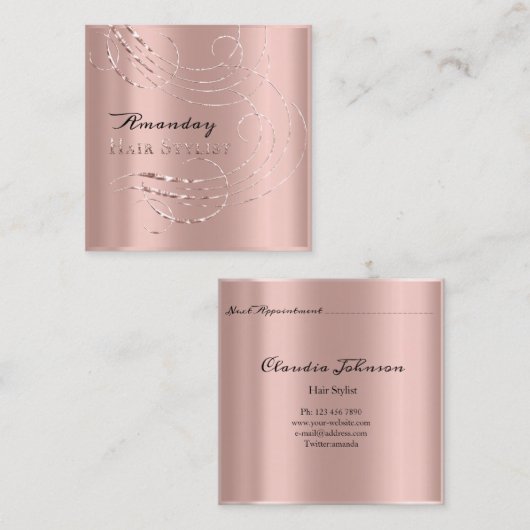 美容師サロンアポイントメントカードピンク スクエア名刺 (正面/裏面)