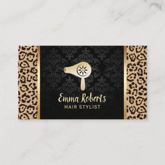 美容師サロンドライヤーバーモダンレオパードダマスク 名刺 (正面)