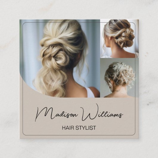 美容師サロン3写真QRコードベージュ スクエア名刺 (正面)