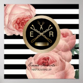 美容師シザーとコームのヴィンテージフローラストライプ ポスター (正面)