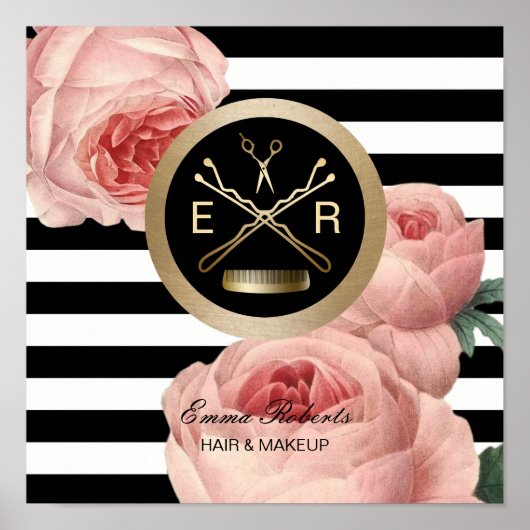 美容師シザーとコームのヴィンテージフローラストライプ ポスター (正面)