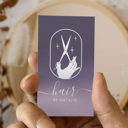 美容師シザーハンドロゴパープルグラデーションサロン 名刺