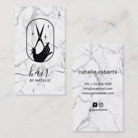 美容師シザーハンドロゴ大理石美しいサロン 名刺 (正面/裏面)
