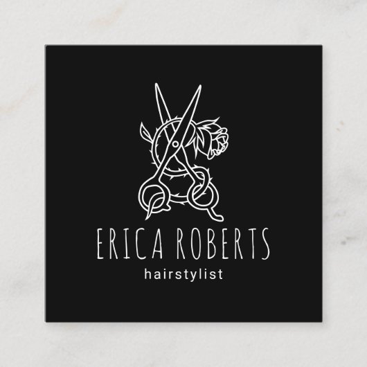 美容師シザーバラロゴブラック美しいサロン スクエア名刺 (正面)
