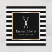 美容師シザーロゴモダンブラックストライプ スクエア名刺 (正面)