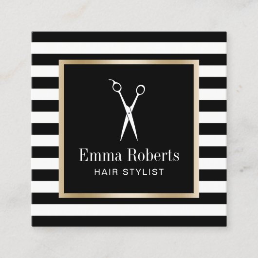 美容師シザーロゴモダンブラックストライプ スクエア名刺 (正面)