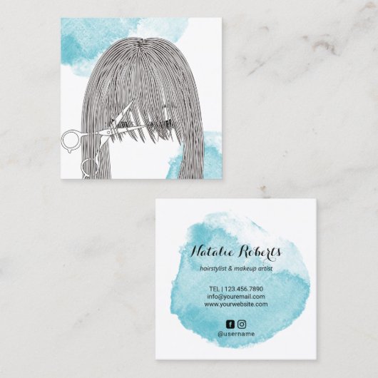 美容師シザー&ガールスケッチ水彩 スクエア名刺 (正面/裏面)