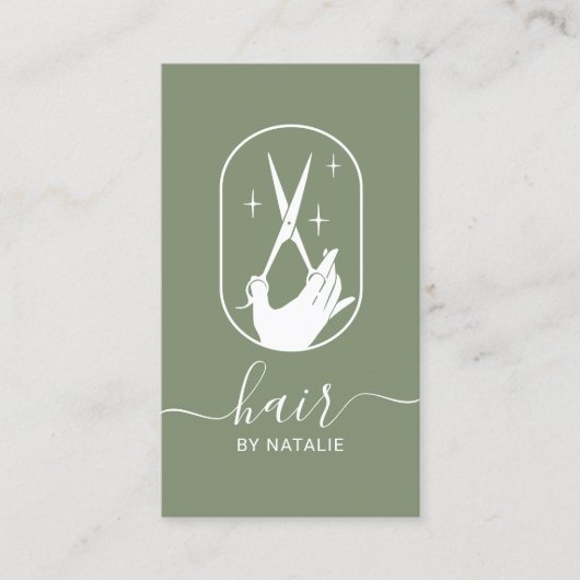 美容師シザー&ハンドロゴセージグリーンサロン 名刺 (正面)