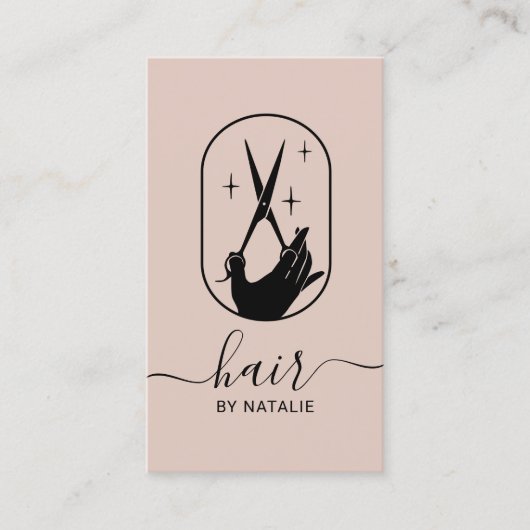 美容師シザー&ハンドロゴ赤面ピンクサロン 名刺 (正面)