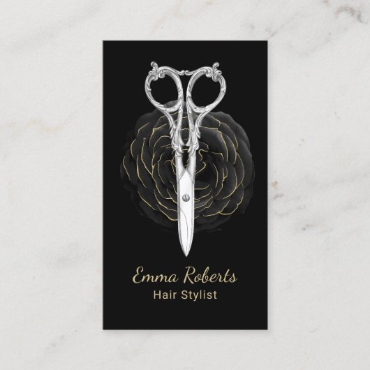 美容師シザー&ブラックフラワー美しいサロン 名刺 (正面)