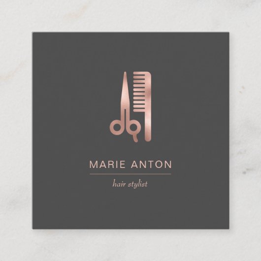 美容師シックバラ金ゴールドシザーズコームグレー スクエア名刺 (正面)