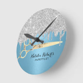 美容師シルバーグリッタードリップスブルーサロン ラウンド壁時計 (傾斜)