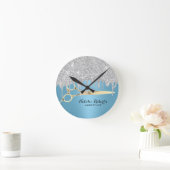 美容師シルバーグリッタードリップスブルーサロン ラウンド壁時計 (ホーム)
