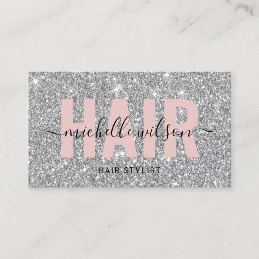 美容師シルバーグリッターピンクタイポグラフィサロン 名刺 (正面)