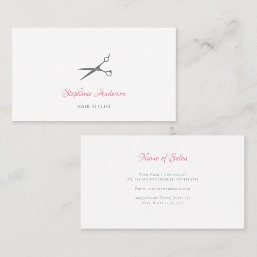美容師シンプルのピンクのスクリプト付き灰色のはさみ 名刺 (正面/裏面)