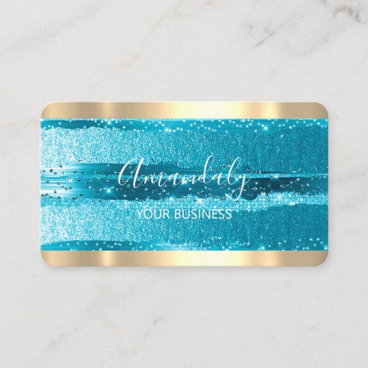 美容師スタイリストコイフールティール（緑がかった色）ストライプ金ゴールド 名刺 (正面)