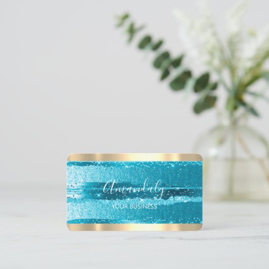 美容師スタイリストコイフールティール（緑がかった色）ストライプ金ゴールド 名刺 (スタンド正面)