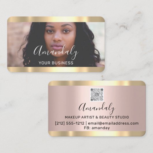 美容師スタイリストフォト金ゴールドフレームQrCodeロゴ 名刺 (正面/裏面)