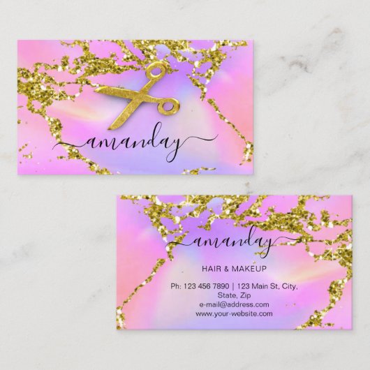 美容師スタイリスト金ゴールドはさみ自筆紫色 名刺 (正面/裏面)