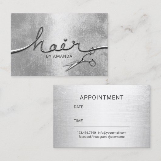 美容師スタイリッシュ銀3Dタイポグラフィサロン 予約カード (正面/裏面)