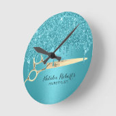 美容師ターコイズグリッタードリップモダンサロン ラウンド壁時計 (傾斜)