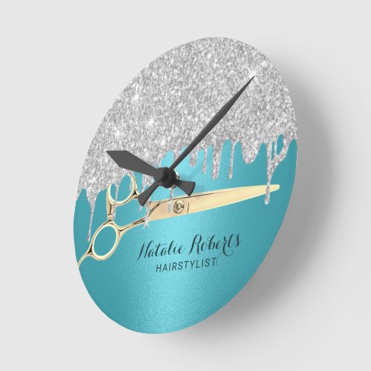 美容師ターコイズシルバーグリッタードリップサロン ラウンド壁時計 (傾斜)