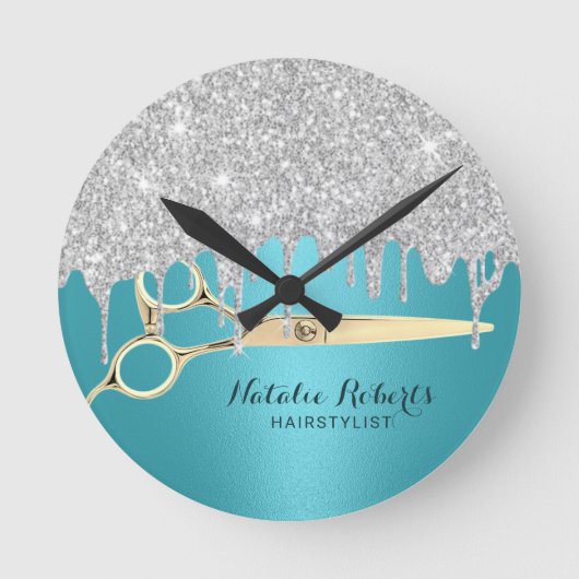 美容師ターコイズシルバーグリッタードリップサロン ラウンド壁時計 (正面)