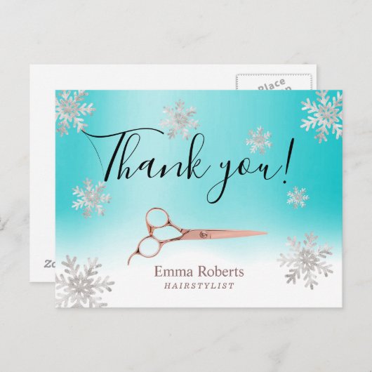 美容師ターコイズ冬の雪の結晶ありがとう ポストカード (正面/裏面)