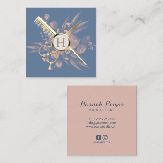 美容師ダスティブルー&ピンクボタニックサロン スクエア名刺 (正面/裏面)