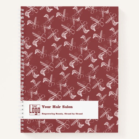 美容師ツールパターンバーガンディーピンクホワイト ノートブック (正面)