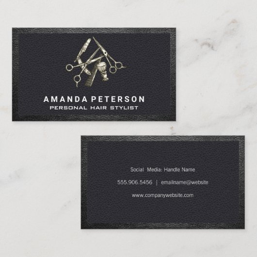 美容師ツール |ブラックレザー付きブラックトリム 名刺 (正面/裏面)
